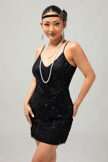 Sparkly Preto Sequins V Pescoço Bodycon 1920s Vestido